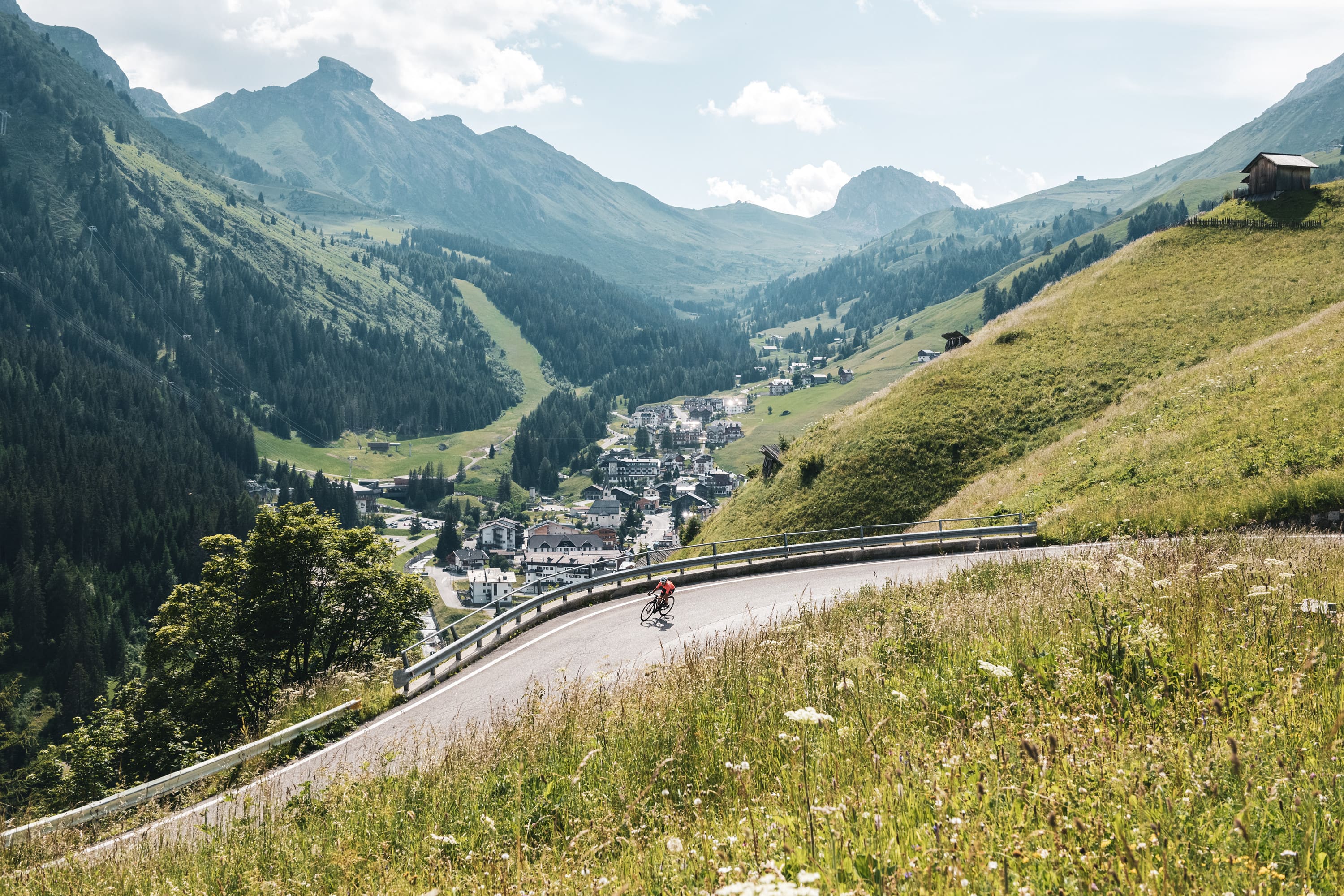 Cyclists on Campolongo pass: Dolomites cycling event